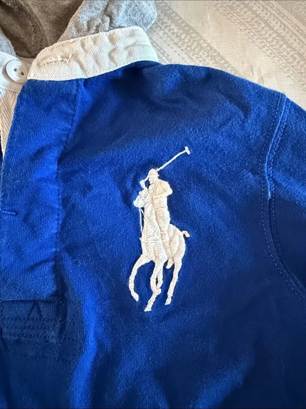 Polo Ralph Lauren Boys Size 6 Rugby Shirt Gray Hood Blue Pony Logo Long Sleeve